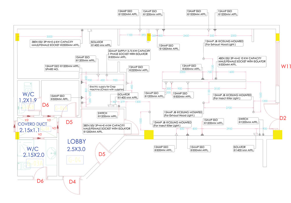 Commercial kitchen electrical drawing by Cleresdyne, showing socket locations, load capacities, and isolator positions